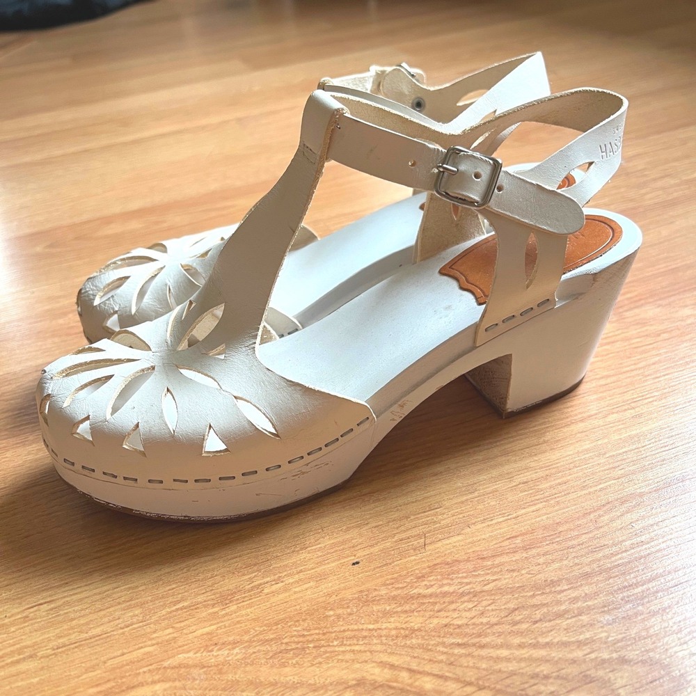 Swedish Hasbeens White Leather Cutout T-Strap Clogs